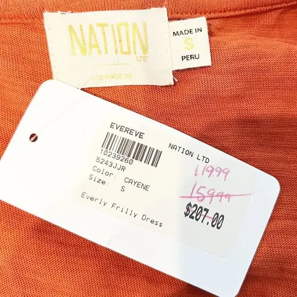 Nation LTD Everly Frilly Ruffle Strap Tiered Cotton Midi Dress Cayene Red Small - Picture 3 of 11